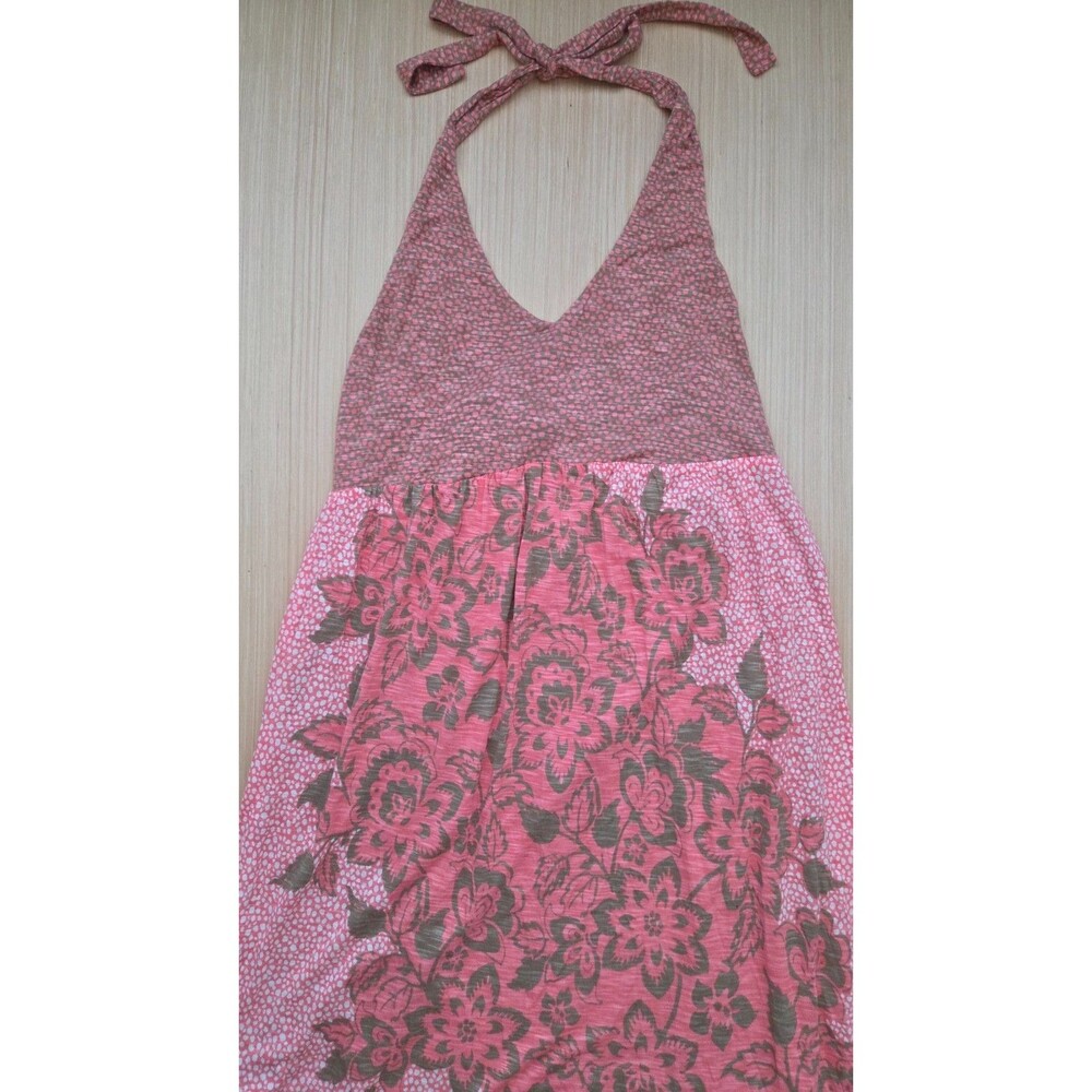 Tommy Bahama Women's Medium Maxi Dress Pink & Brown Floral Halter V-Neck Stretch
